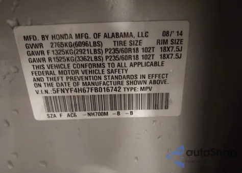 2015 Honda Pilot Ex-L из США, поврежденный, VIN 5FNYF4H67FB016742